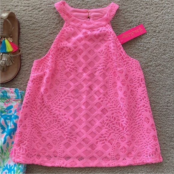 Lilly Pulitzer Rayanne Top Pelican Pink Pineapple Geo Lace - Picture 2 of 7